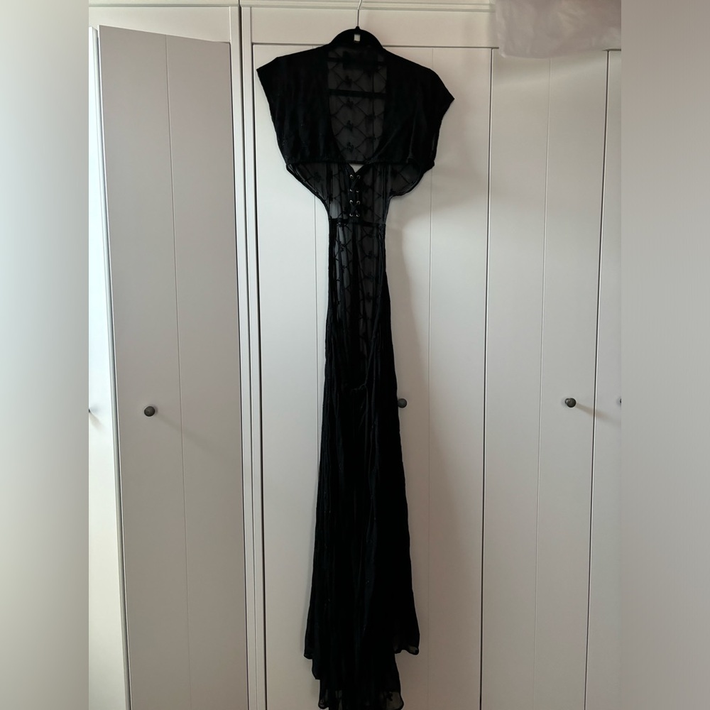 REFORMATION black lace sheer lace-up tie open back cut-out vneck maxi dress XS/S